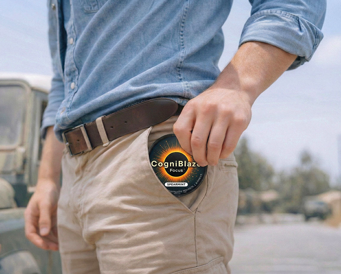 Person inserting a can of CogniBlaze focus pouches into their pocket with a blurred outdoor background