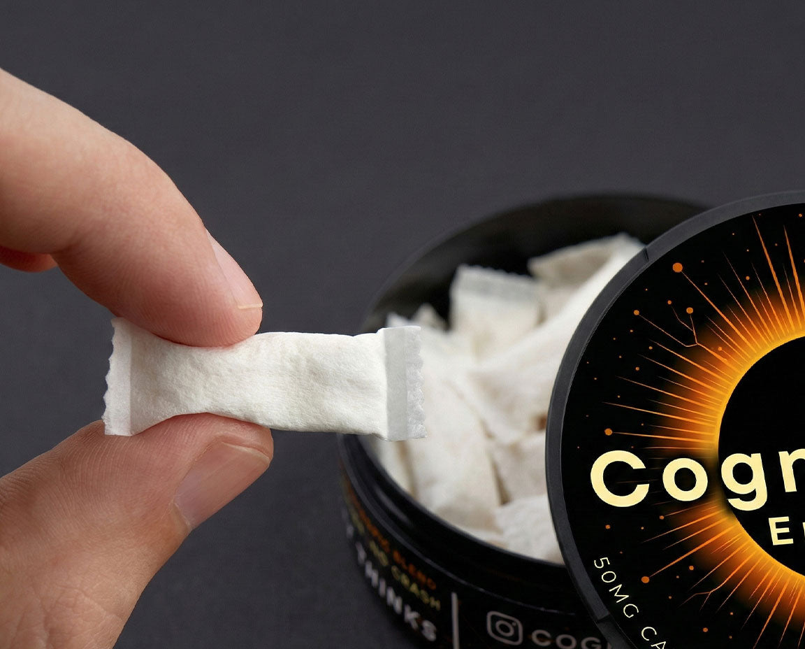 Hand holding a white nootropic pouch over a container labeled 'CogniBlaze' with a dark background.