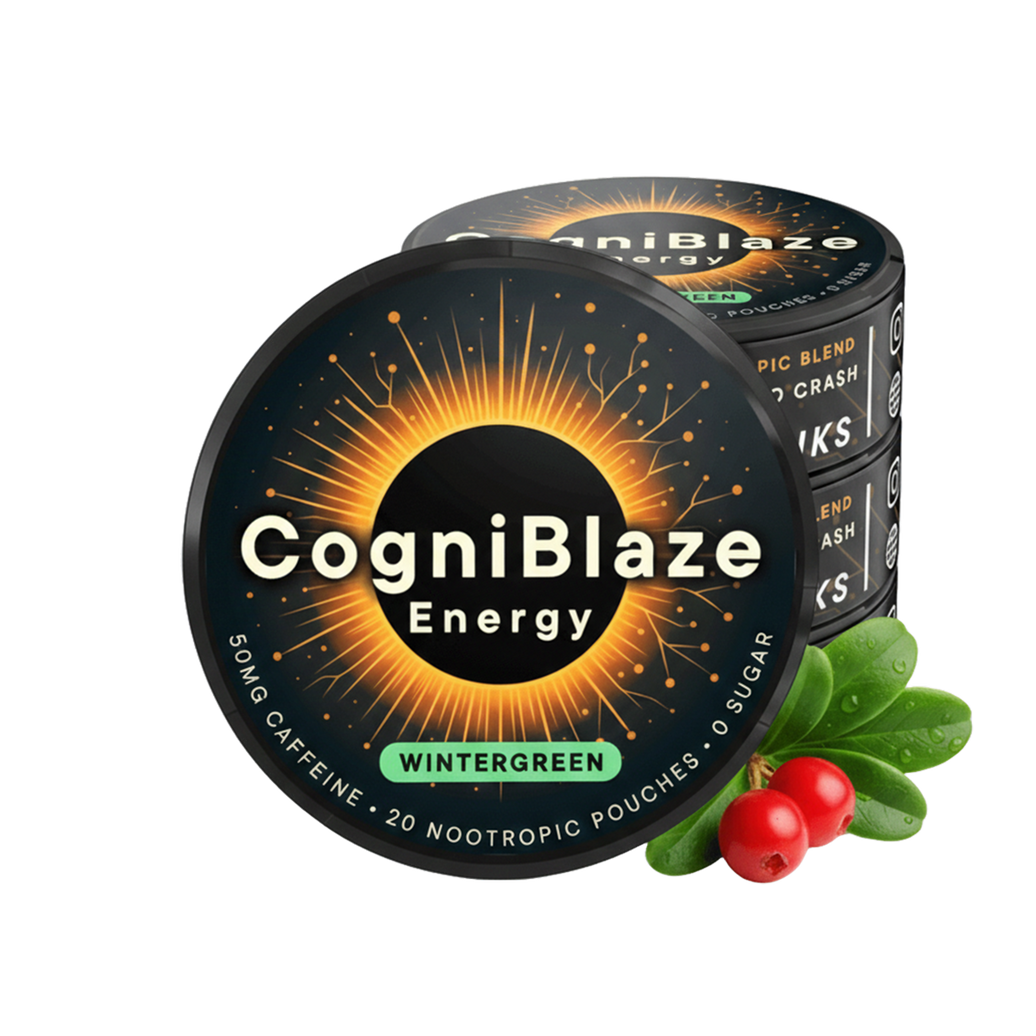 CogniBlaze Energy nootropic pouches packaging with wintergreen flavor indication, surrounded by berries and leaves.