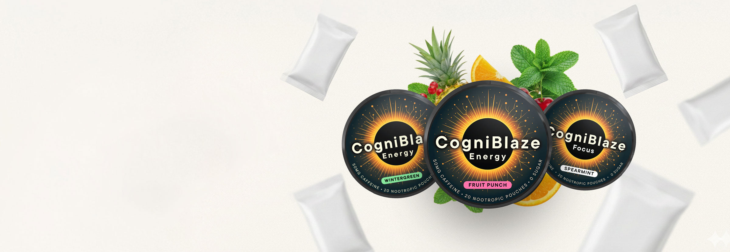 CogniBlaze nootropic pouches product packaging with ingredients on a white background