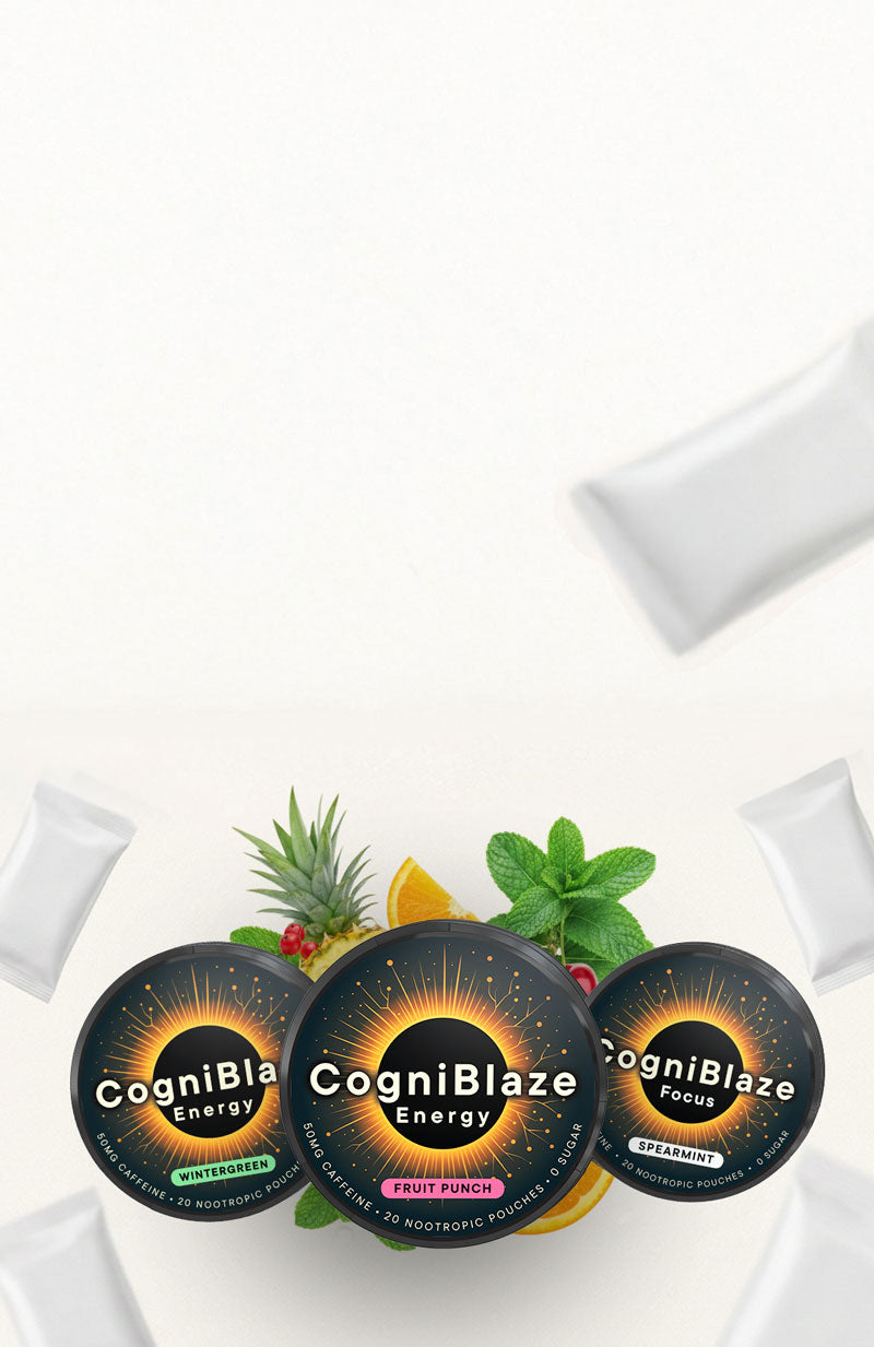 CogniBlaze nootropic pouches product packaging with ingredients on a white background