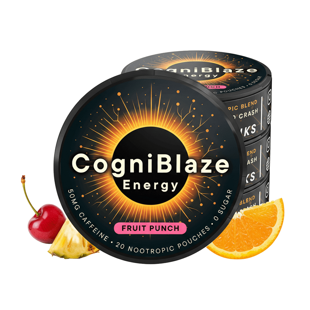 CogniBlaze Energy caffeine pouches with fruit punch flavor indication, surrounded by a cherry, pineapple, and orange on a white background.