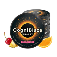 CogniBlaze Energy caffeine pouches with fruit punch flavor indication, surrounded by a cherry, pineapple, and orange on a white background.