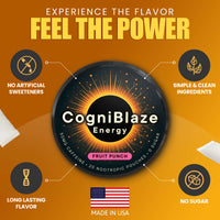 CogniBlaze Energy pouches with branding and features on a brown background