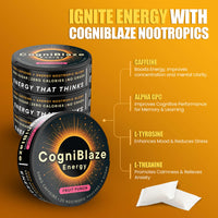CogniBlaze caffeine pouches on an orange background with product features listed.