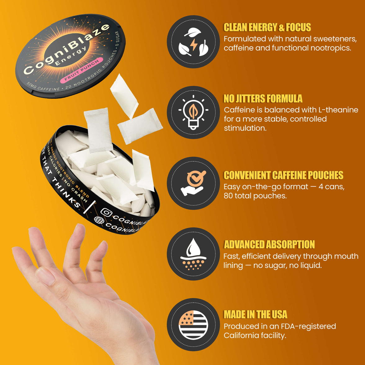 CogniBlaze energy pouches packaging with features on an orange background