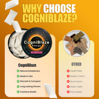 Promotional graphic for CogniBlaze nootropic pouches with comparison to 'Other' products on a yellow background.