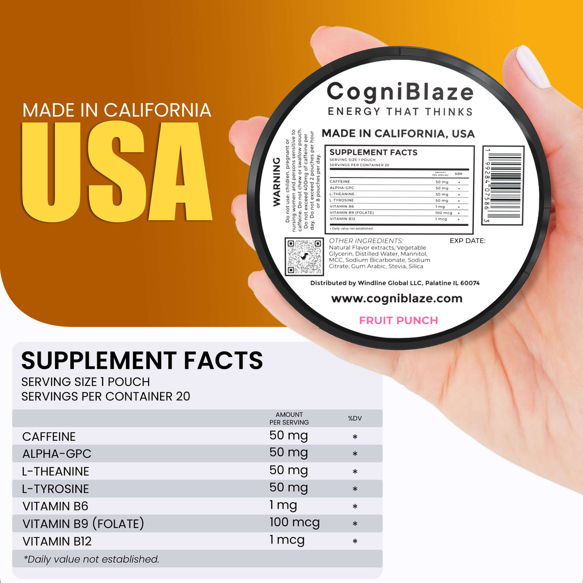 CogniBlaze caffeine pouches container with label and supplement facts on a brown background