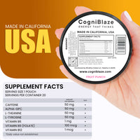 CogniBlaze caffeine pouches container with label and supplement facts on a brown background
