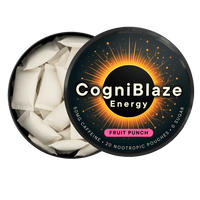 CogniBlaze Energy fruit punch flavor nootropic pouches with packaging on a black background