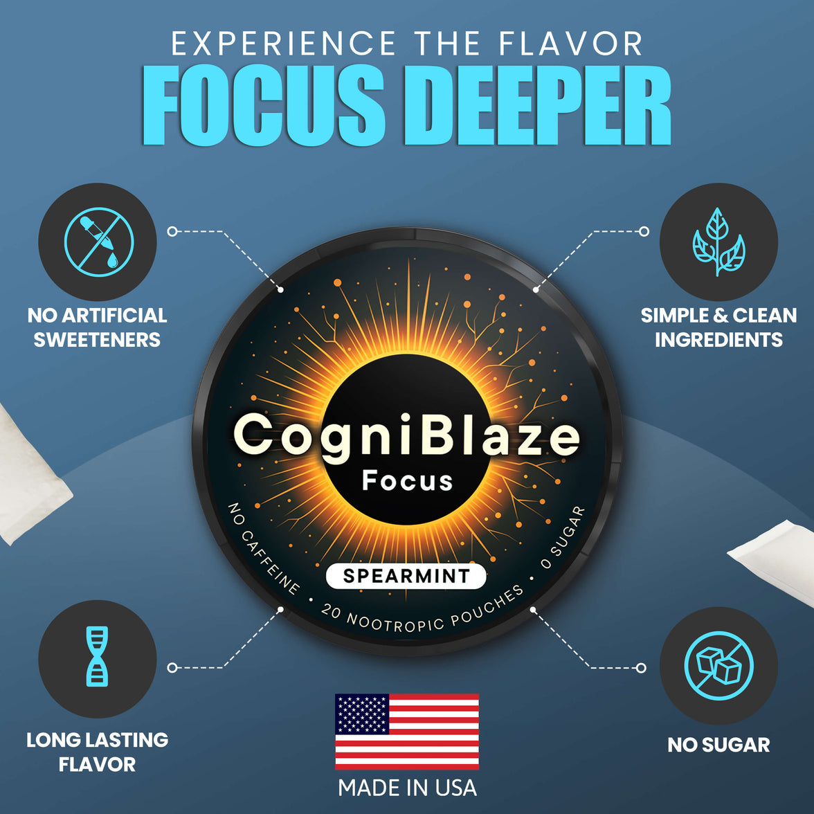 CogniBlaze Focus pouches product packaging with branding and features on a blue background