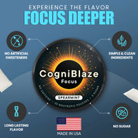 CogniBlaze Focus pouches product packaging with branding and features on a blue background
