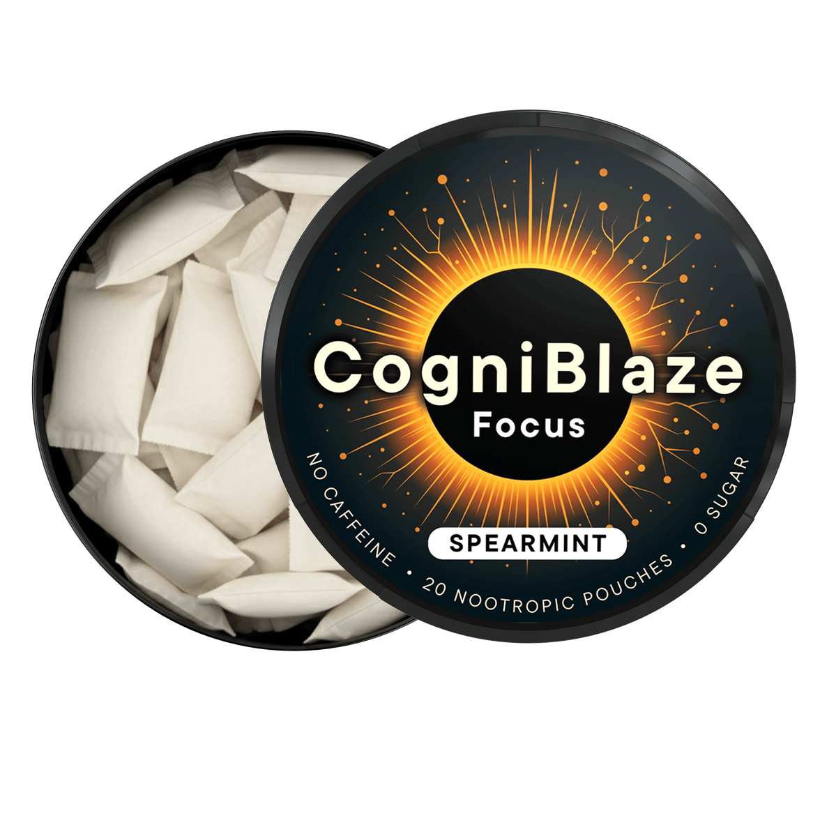 CogniBlaze Focus spearmint pouches with packaging on a black background
