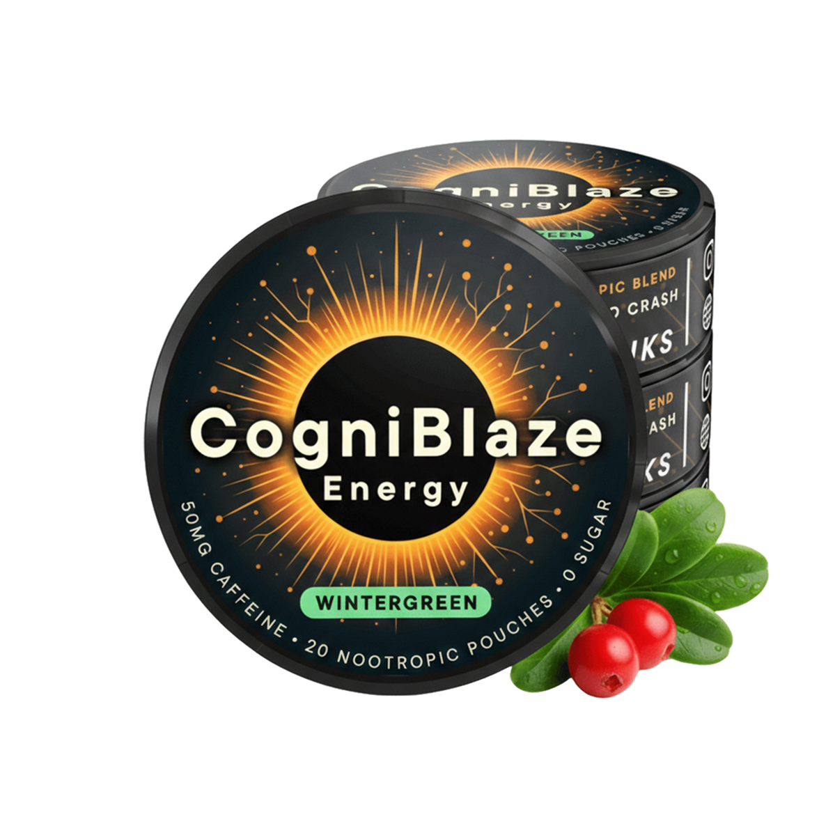 CogniBlaze Energy nootropic pouches packaging with wintergreen flavor indication, surrounded by berries and leaves.