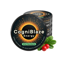 CogniBlaze Energy nootropic pouches packaging with wintergreen flavor indication, surrounded by berries and leaves.
