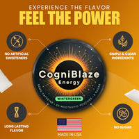 CogniBlaze Energy caffeine pouches with branding and feature text on an orange background