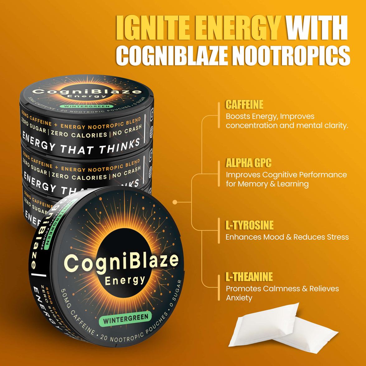 CogniBlaze Energy nootropic pouches on an orange background with product details.