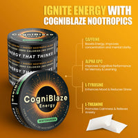 CogniBlaze Energy nootropic pouches on an orange background with product details.