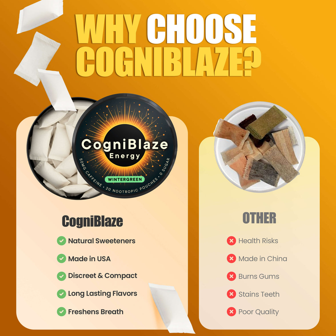 Promotional graphic for CogniBlaze nootropic pouches with comparison to 'Other' products on a yellow background.