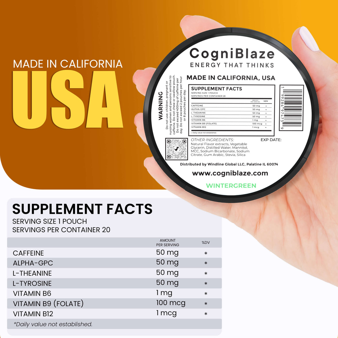CogniBlaze caffeine pouches container with label and supplement facts on a brown background