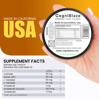 CogniBlaze caffeine pouches container with label and supplement facts on a brown background