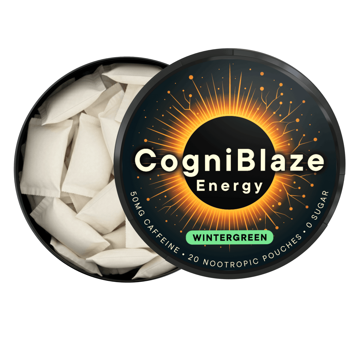 CogniBlaze Energy wintergreen nootropic pouches packaging on a black background