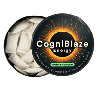 CogniBlaze Energy wintergreen nootropic pouches packaging on a black background