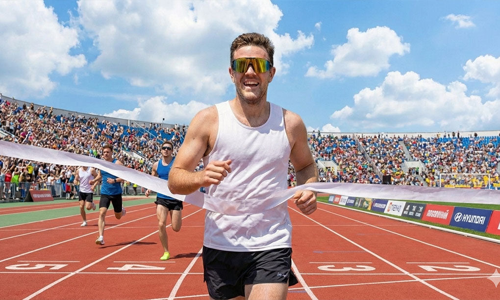 Athlete crossing a finish line with a crowd in the background on a track and field event.