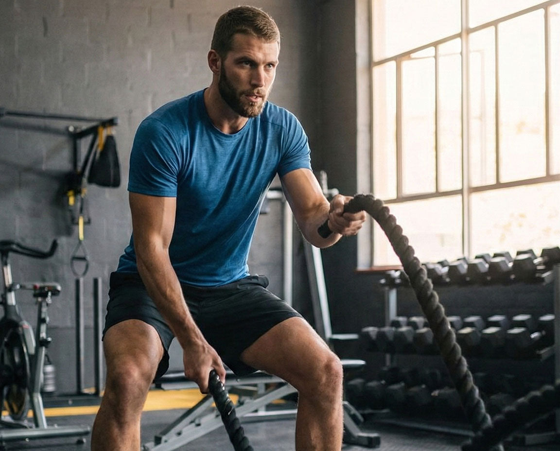 Man exercising with battle ropes in a gym setting