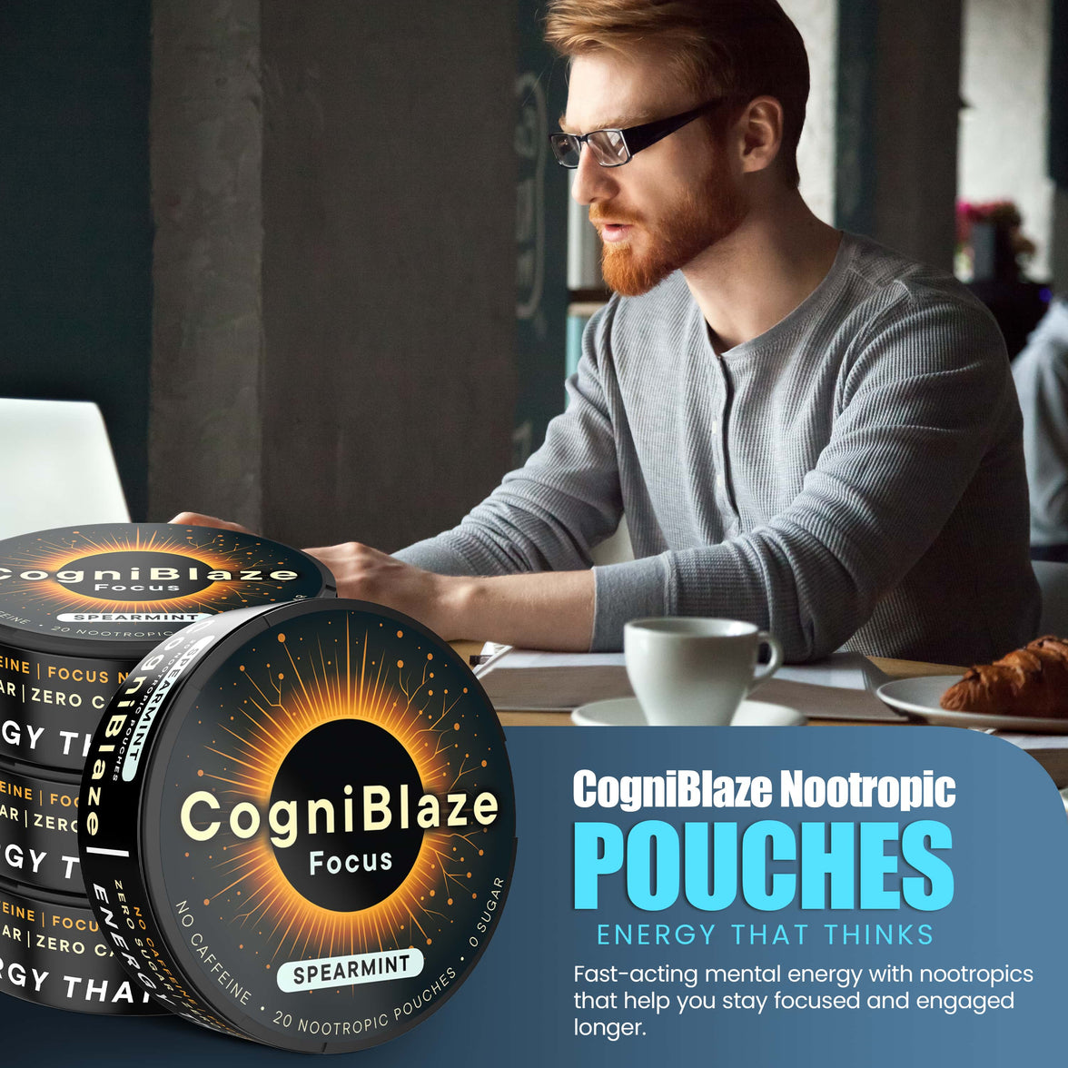 Man sitting at a desk with CogniBlaze nootropic pouches displayed.