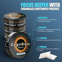 CogniBlaze nootropic pouches with features on a blue background