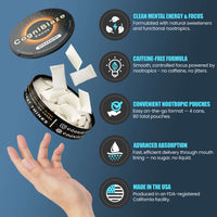 CogniBlaze focus pouches product packaging with features on a blue background