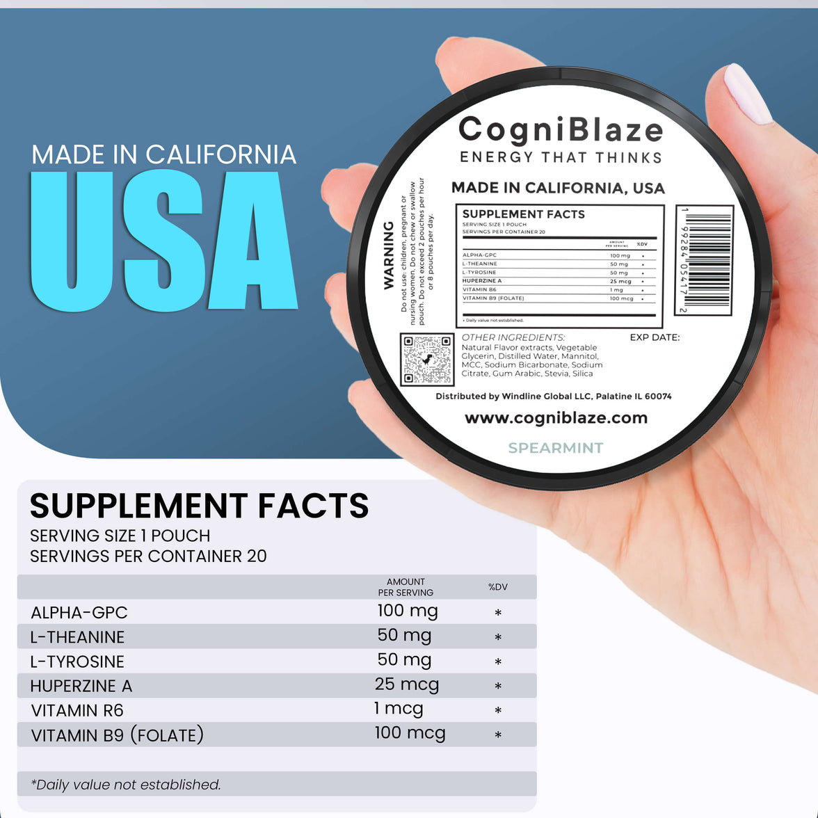 CogniBlaze nootropic pouches supplement container with label and supplement facts on a blue and white background.