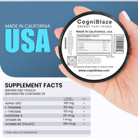 CogniBlaze nootropic pouches supplement container with label and supplement facts on a blue and white background.