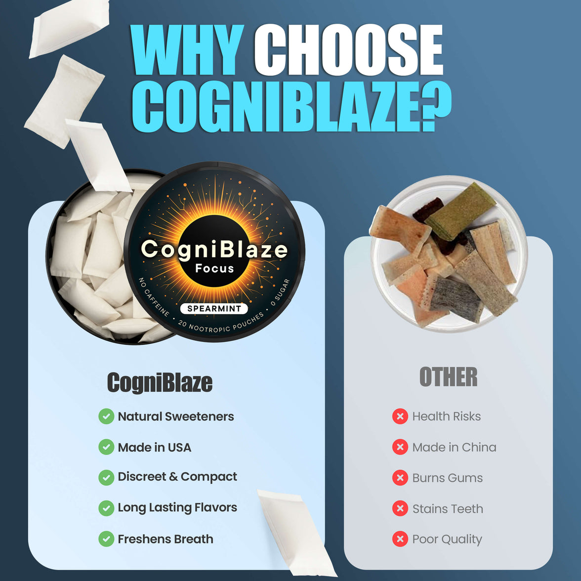 Promotional graphic for CogniBlaze nootropic pouches with comparison to 'Other' options on a blue background.