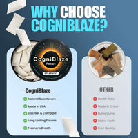Promotional graphic for CogniBlaze nootropic pouches with comparison to 'Other' options on a blue background.