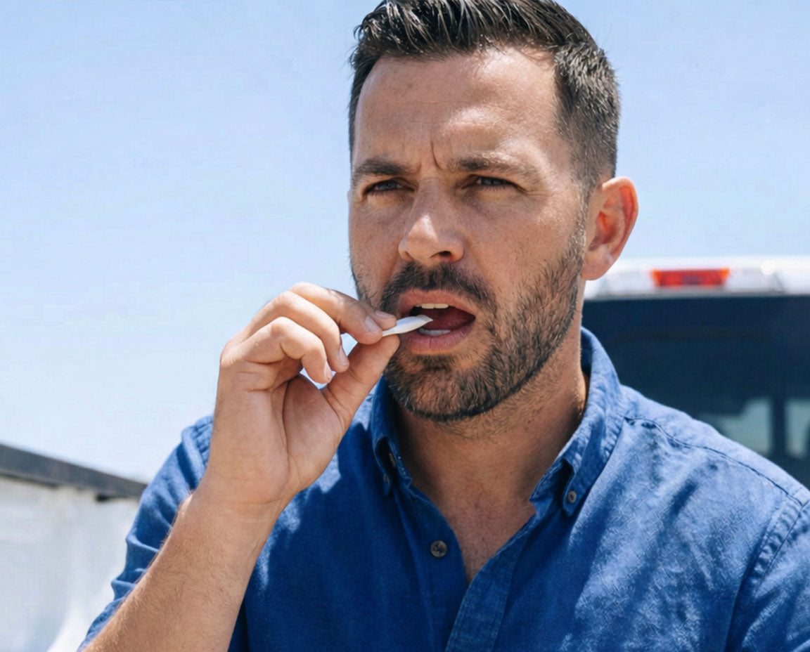 Man in a blue shirt inserting a nootropic pouch into his mouth outdoors with a clear sky background