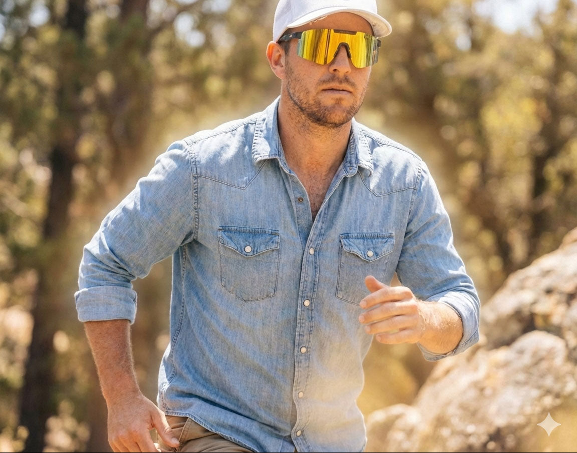 Man wearing a denim shirt, white cap, and yellow goggles outdoors with trees in the background