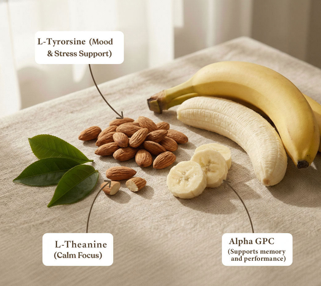 Bananas, almonds, and leaves on a textured surface with labels for L-Tyrosine, L-Theanine, and Alpha GPC.