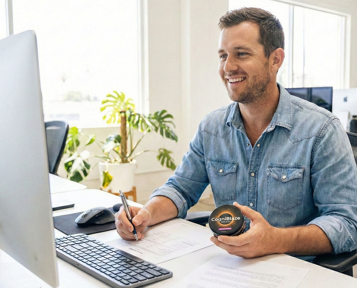 Man sitting at a desk holding a can of CogniBlaze nootropic pouches and looking at a computer screen.